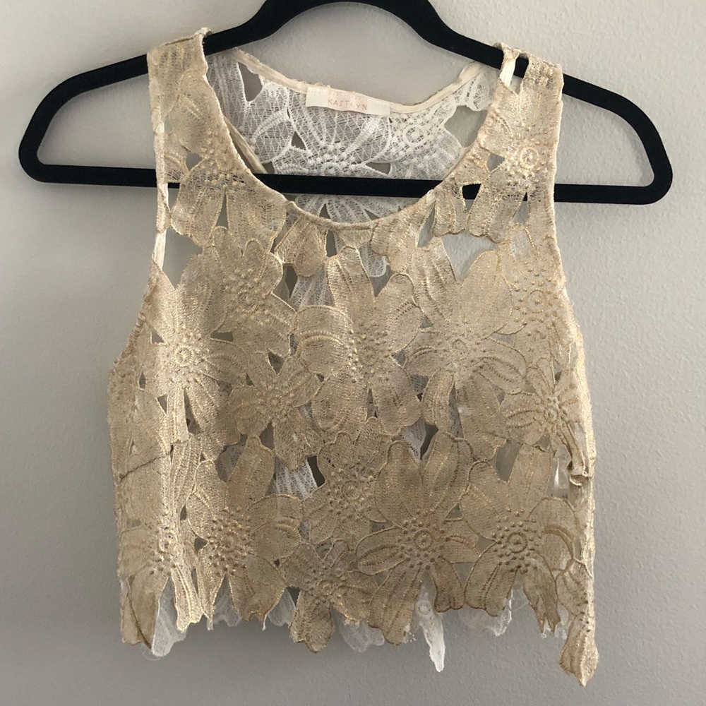 Kaitlyn Metallic Gold Floral Cut Out Crop Top - XS